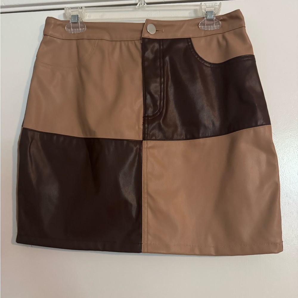 Lush Tan and Brown Patchwork mini Skirt